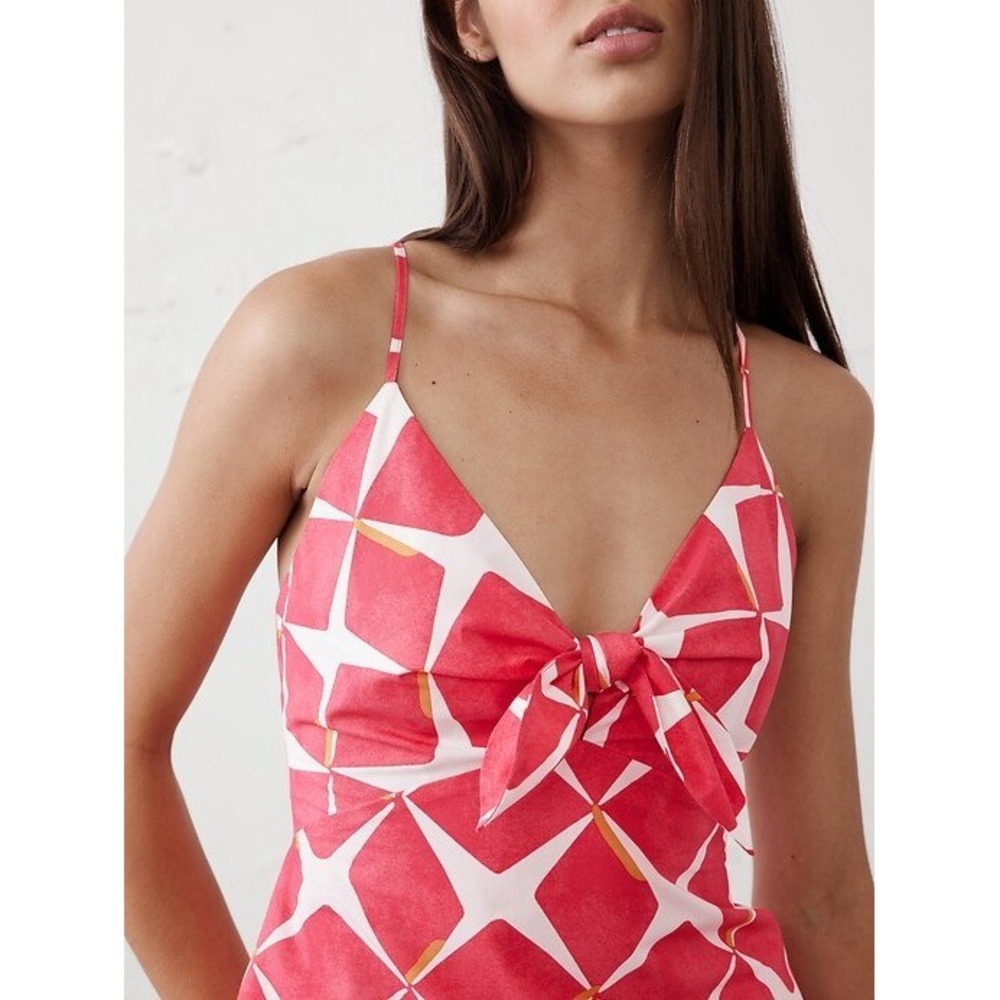 Banana Republic Pink White Geometric Tie Front Cami Top Smocked Back S Coquette